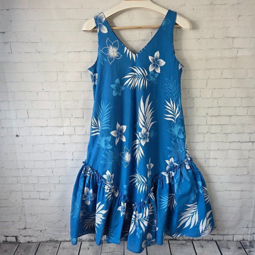 Royal Creations Hawaiian Dress Size S Blue Floral Ruffle V-Neck Vintage Hawaii
